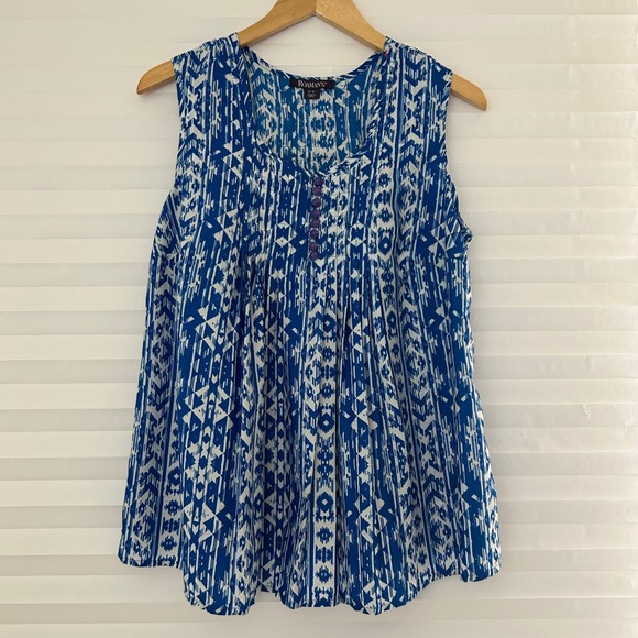 Roaman's Tops - Roaman's Blue White Geometric Tribal Print Sleeveless Tunic Top 14W Flowy